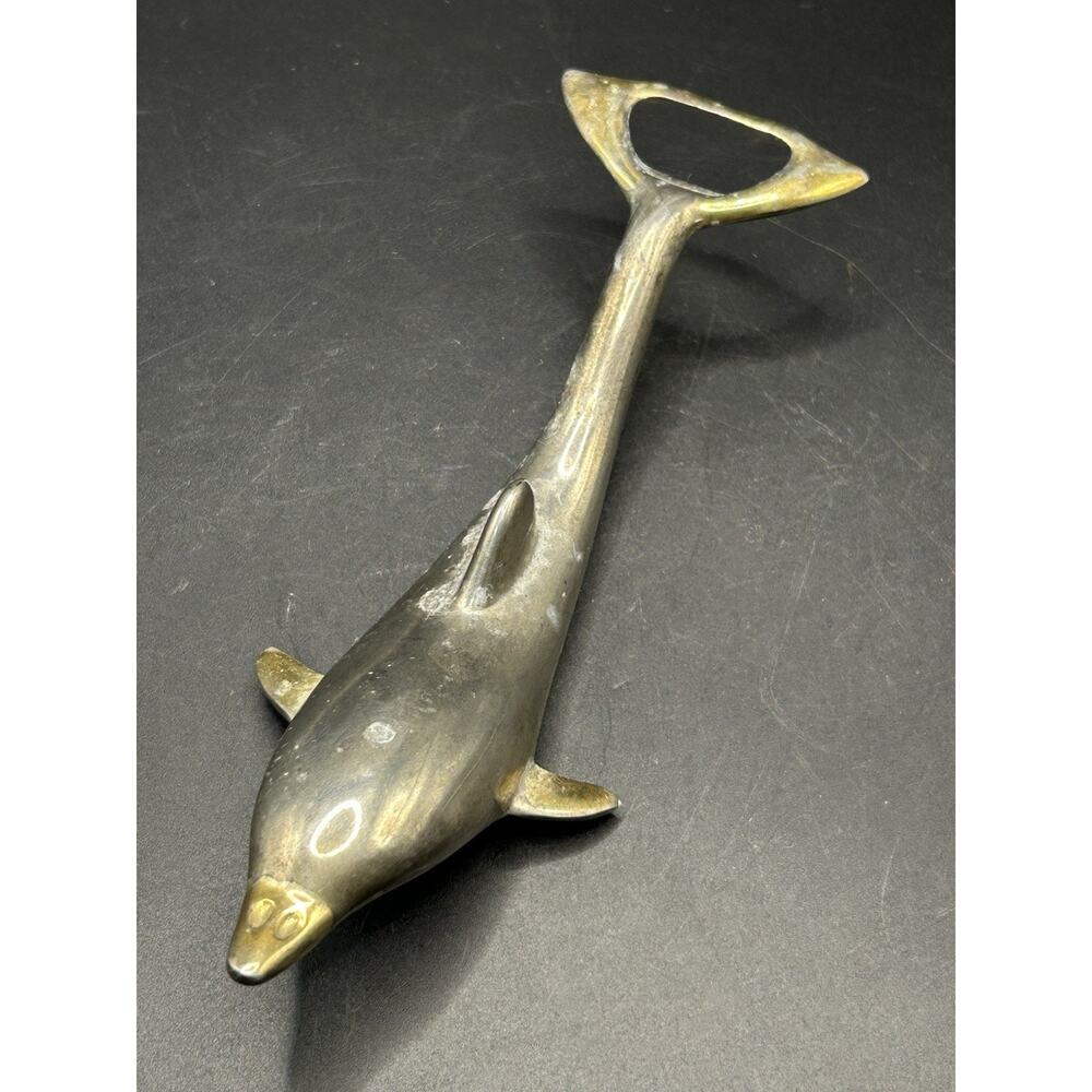 Vintage Dolphin Bottle Opener Silver-Played Mid Century Barware Gold Accent MCM